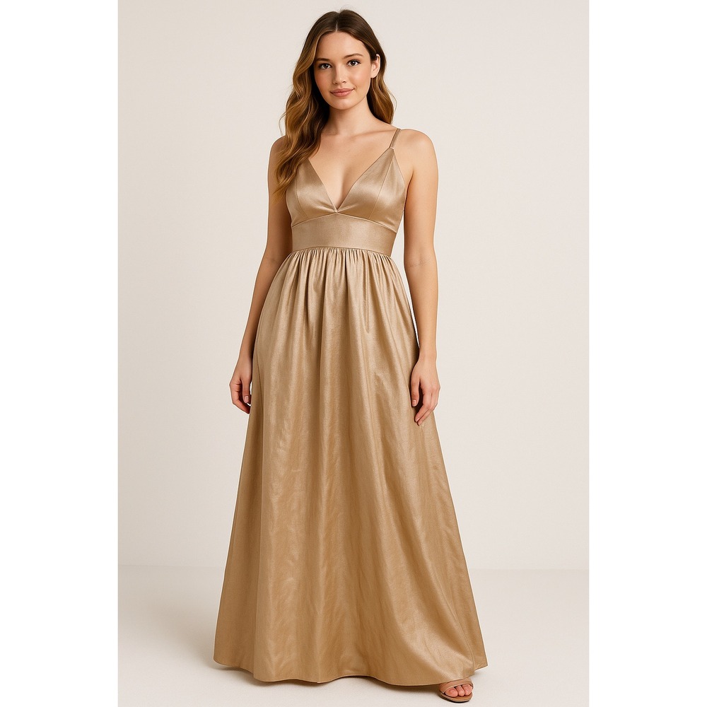 Windsor Gold V-Neck Maxi Dress with Spaghetti Straps, Size XS